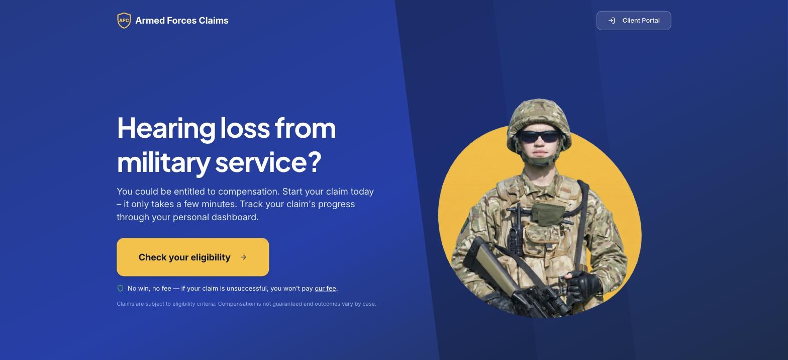 The Armed Forces Claims home page. A deep blue background with angled panels, the headline Hearing loss from military service in large white type, a short paragraph, and a yellow Check your eligibility button. To the right, a photograph of a soldier cut out against a yellow circle. A no win, no fee line and an eligibility disclaimer sit under the button.