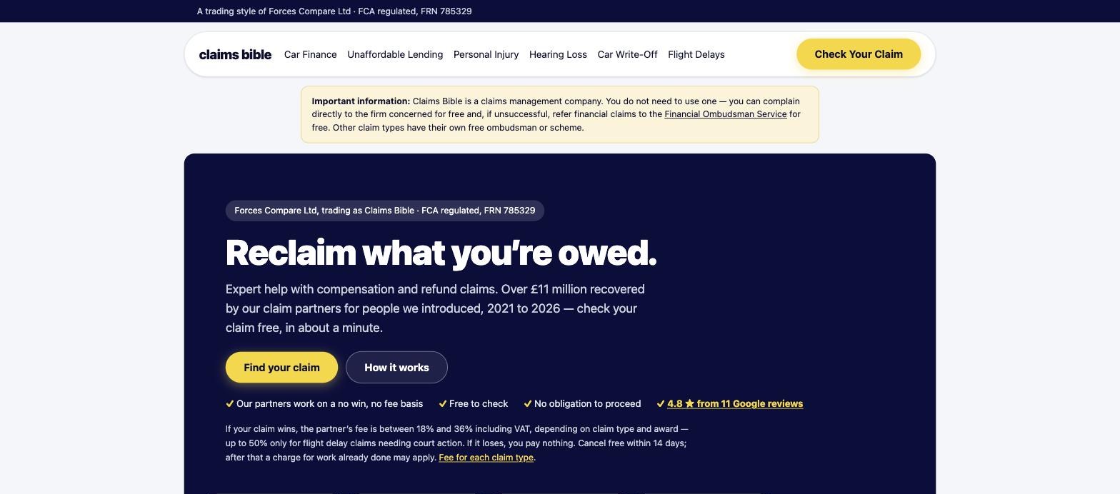 The claims bible home page. A white pill navigation bar over a pale background, then a deep navy panel holding the headline Reclaim what you're owed in a heavy grotesque, a yellow Find your claim button beside a dark How it works button, and a row of ticks. A regulatory strip runs above the navigation and an Important information notice sits under it, both before the fold.