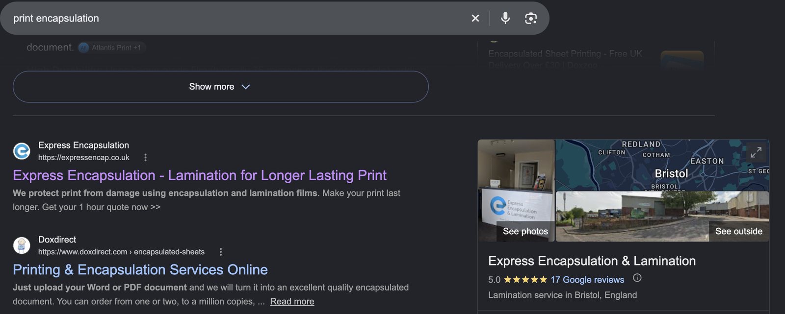 Google results for print encapsulation on 8 September 2026, with expressencap.co.uk as the first organic result and the Express Encapsulation business profile alongside